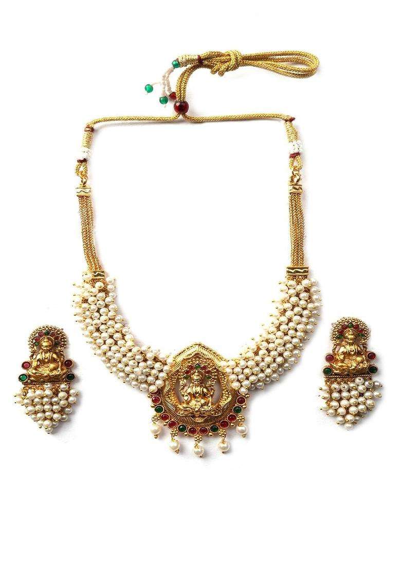 Gold-Plated Temple Stone Studded & Beaded Necklace and Earrings for Women | Traditional Temple Jewellery for Wedding & Festive Wear | Gift for Her - Indya