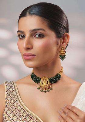 Green Gold-Plated Temple Stone Studded & Beaded Necklace and Earrings for Women | Traditional Temple Jewellery for Wedding & Festive Wear | Gift for Her