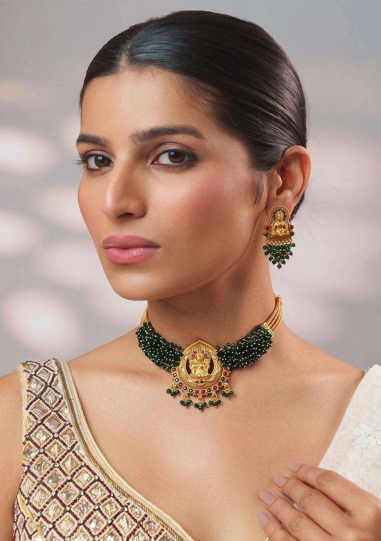 Green Gold-Plated Temple Stone Studded & Beaded Necklace and Earrings for Women | Traditional Temple Jewellery for Wedding & Festive Wear | Gift for Her - Indya