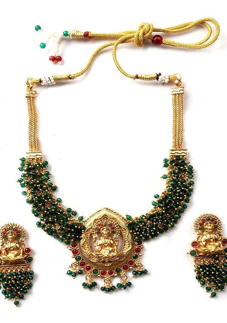 Green Gold-Plated Temple Stone Studded & Beaded Necklace and Earrings for Women | Traditional Temple Jewellery for Wedding & Festive Wear | Gift for Her - Indya