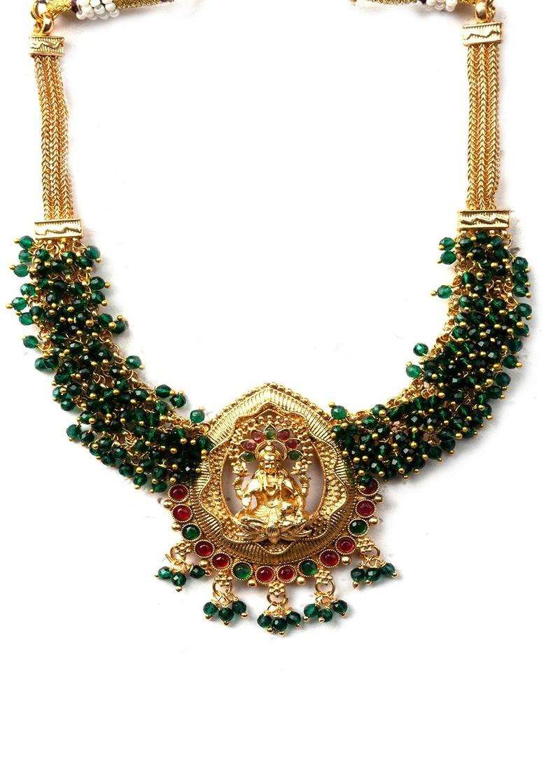 Green Gold-Plated Temple Stone Studded & Beaded Necklace and Earrings for Women | Traditional Temple Jewellery for Wedding & Festive Wear | Gift for Her - Indya
