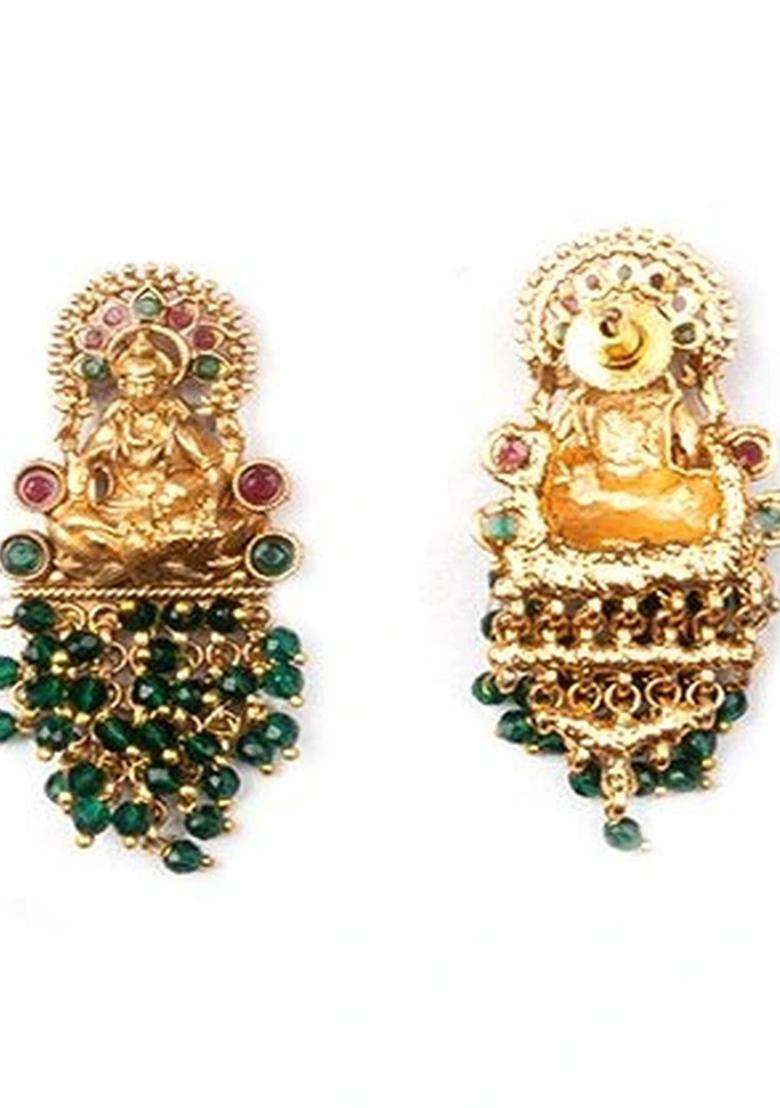 Green Gold-Plated Temple Stone Studded & Beaded Necklace and Earrings for Women | Traditional Temple Jewellery for Wedding & Festive Wear | Gift for Her - Indya
