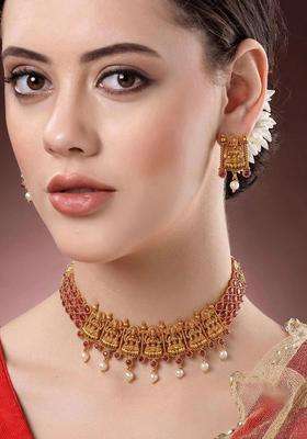 Gold-Plated Temple Stone Studded & Beaded Necklace and Earrings for Women | Traditional Temple Jewellery for Wedding & Festive Wear | Gift for Her