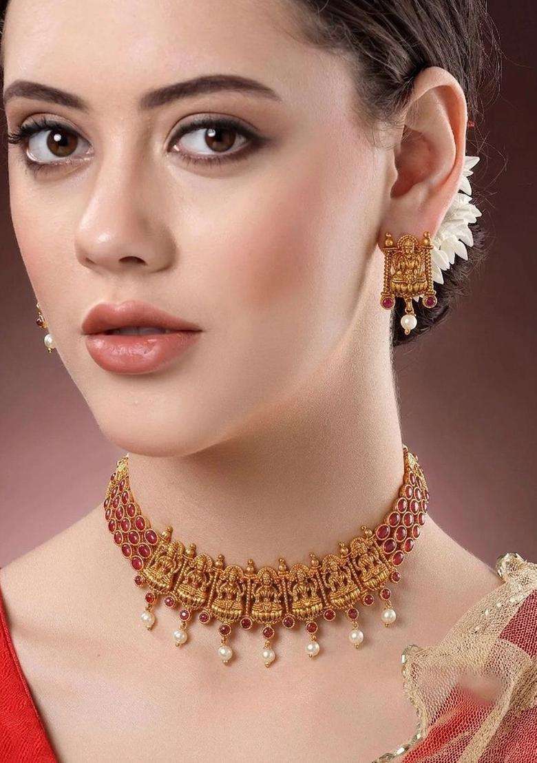 Gold-Plated Temple Stone Studded & Beaded Necklace and Earrings for Women | Traditional Temple Jewellery for Wedding & Festive Wear | Gift for Her - Indya