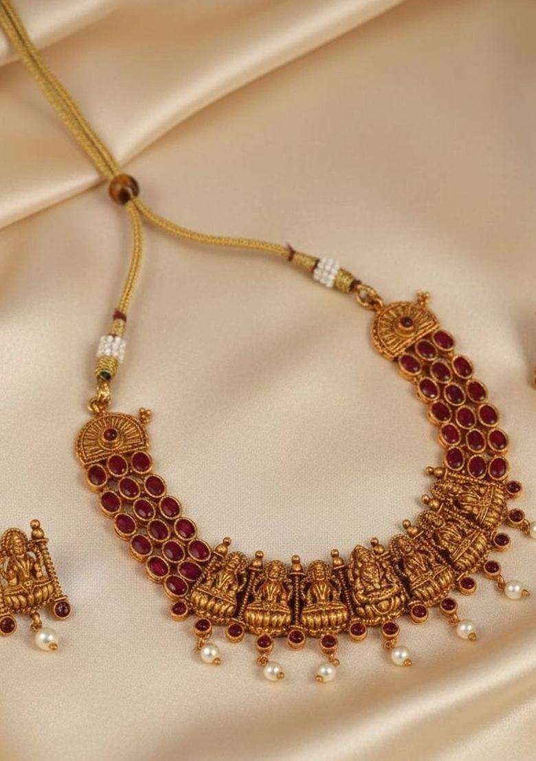 Gold-Plated Temple Stone Studded & Beaded Necklace and Earrings for Women | Traditional Temple Jewellery for Wedding & Festive Wear | Gift for Her - Indya