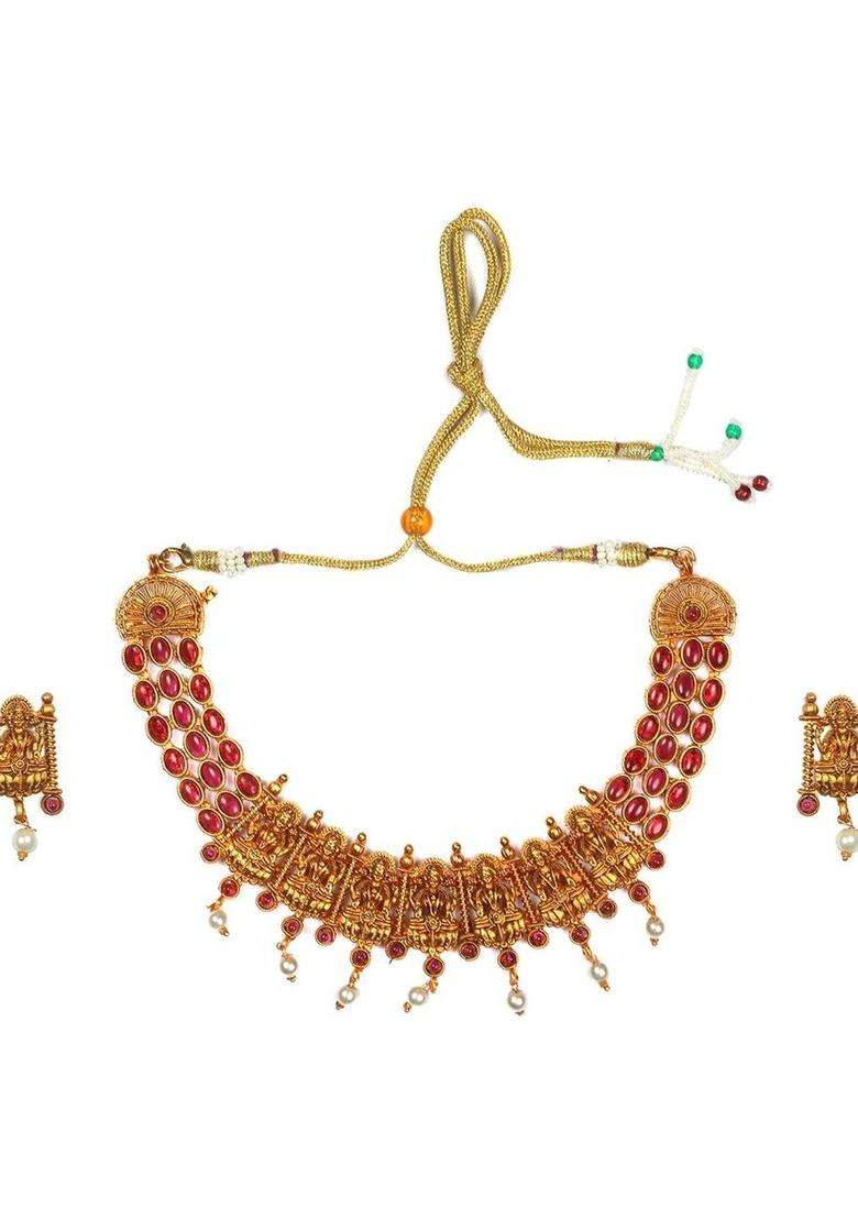 Gold-Plated Temple Stone Studded & Beaded Necklace and Earrings for Women | Traditional Temple Jewellery for Wedding & Festive Wear | Gift for Her - Indya