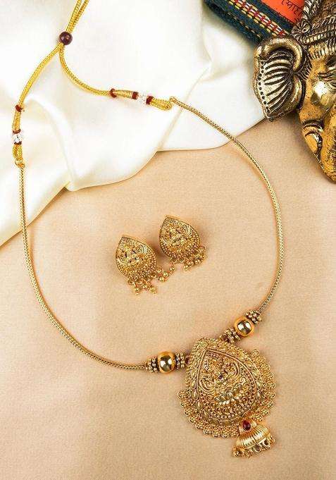 Gold-Plated Temple Stone Studded & Beaded Pendant and Earrings for Women | Traditional Temple Jewellery for Wedding & Festive Wear | Gift for Her