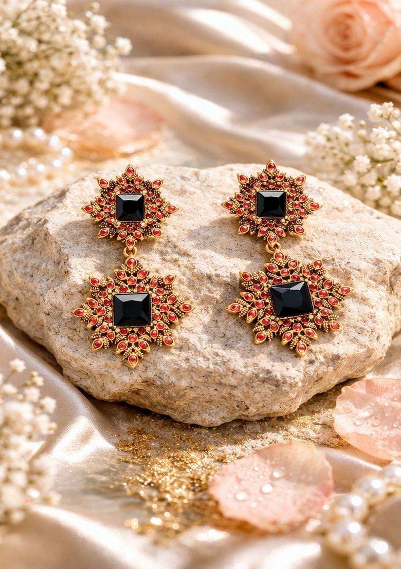 Brass-Plated Floral Drop Earrings for Women | Traditional Temple Jewellery for Wedding & Festive Wear | Gift for Her - Indya