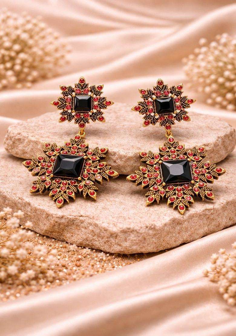 Brass-Plated Floral Drop Earrings for Women | Traditional Temple Jewellery for Wedding & Festive Wear | Gift for Her - Indya