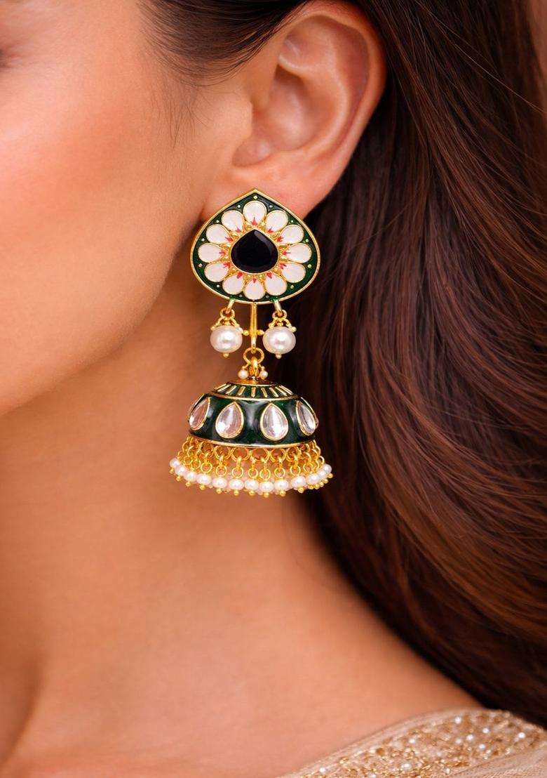 Brass-Plated Floral Drop Earrings for Women | Traditional Temple Jewellery for Wedding & Festive Wear | Gift for Her - Indya