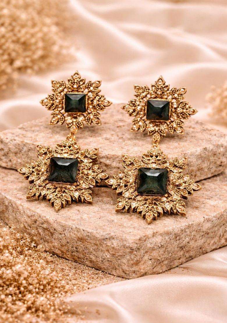 Brass-Plated Floral Drop Earrings for Women | Traditional Temple Jewellery for Wedding & Festive Wear | Gift for Her - Indya