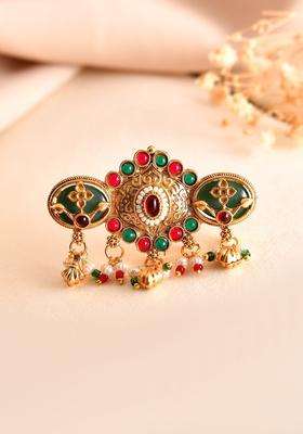 Gold-Plated Stone Studded & Beaded Finger Ring with Pearl for Women | Fusion Party & Festive Wear | Gift for Her