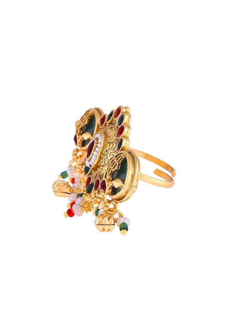 Gold-Plated Stone Studded & Beaded Finger Ring with Pearl for Women | Fusion Party & Festive Wear | Gift for Her - Indya