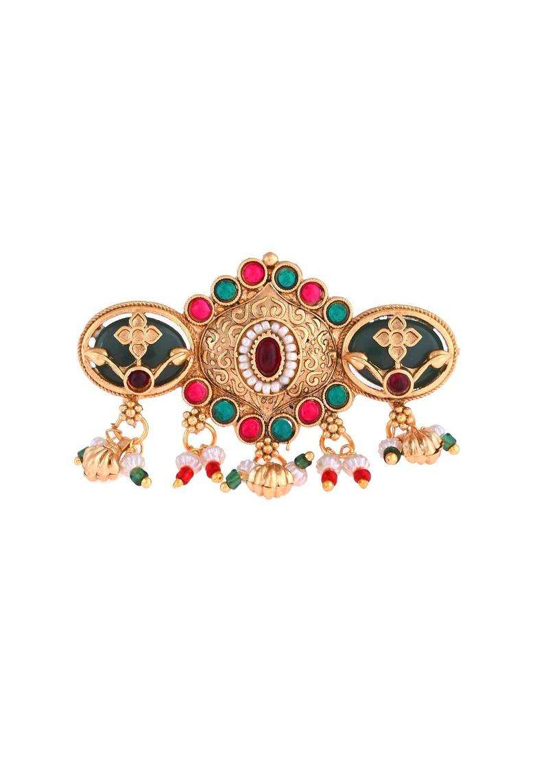 Gold-Plated Stone Studded & Beaded Finger Ring with Pearl for Women | Fusion Party & Festive Wear | Gift for Her - Indya