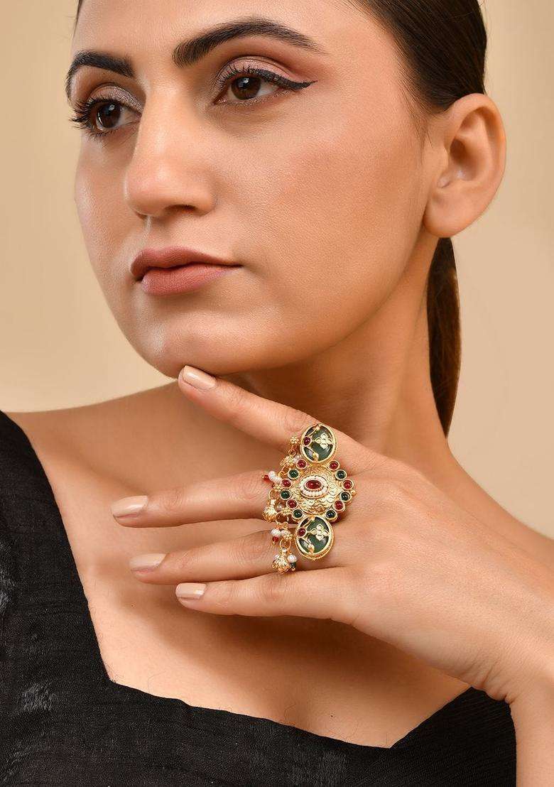 Gold-Plated Stone Studded & Beaded Finger Ring with Pearl for Women | Fusion Party & Festive Wear | Gift for Her - Indya