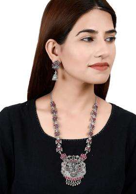 Oxidised Silver-Plated Pink Stone-Studded Peacock-Shaped Goddess Laxmi Temple Jewellery Set for Women | Traditional Temple Jewellery for Wedding & Festive Wear | Gift for Her