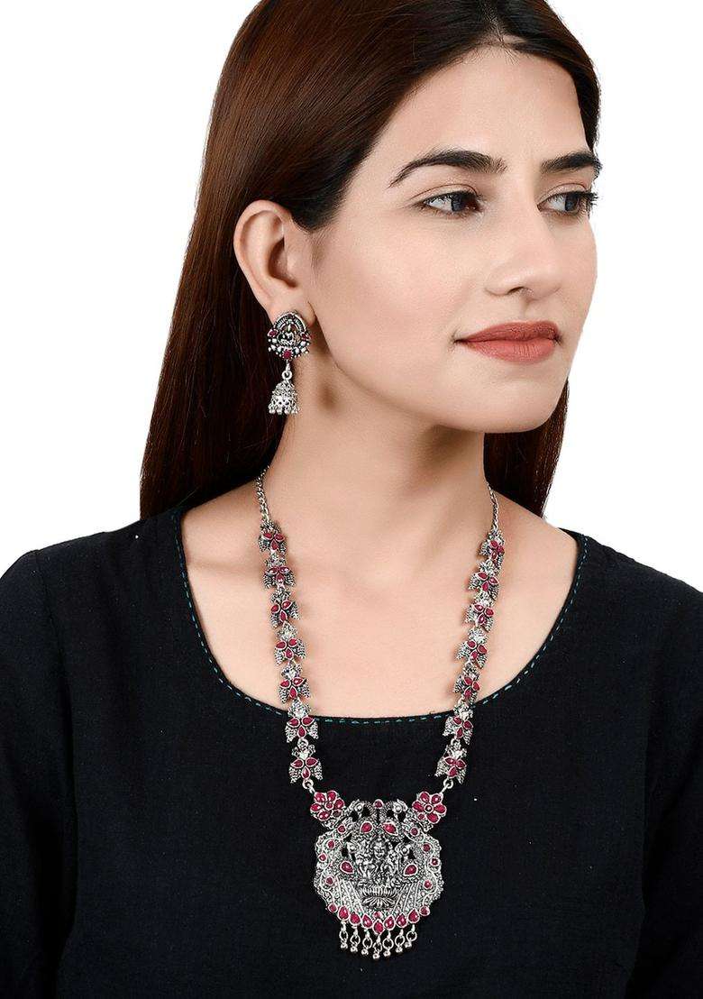 Oxidised Silver-Plated Pink Stone-Studded Peacock-Shaped Goddess Laxmi Temple Jewellery Set for Women | Traditional Temple Jewellery for Wedding & Festive Wear | Gift for Her - Indya