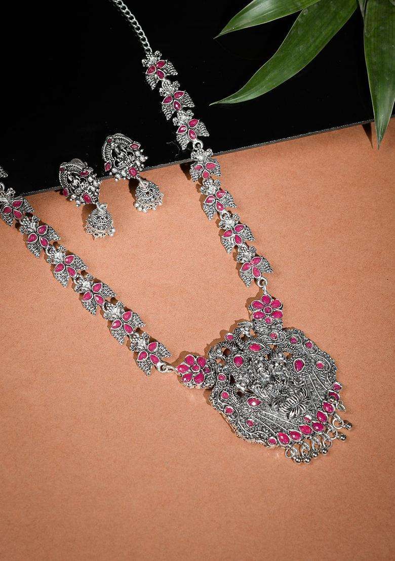 Oxidised Silver-Plated Pink Stone-Studded Peacock-Shaped Goddess Laxmi Temple Jewellery Set for Women | Traditional Temple Jewellery for Wedding & Festive Wear | Gift for Her - Indya