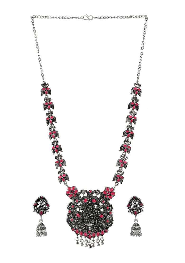 Oxidised Silver-Plated Pink Stone-Studded Peacock-Shaped Goddess Laxmi Temple Jewellery Set for Women | Traditional Temple Jewellery for Wedding & Festive Wear | Gift for Her - Indya