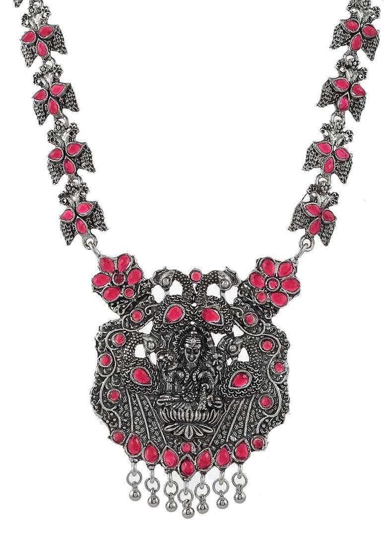 Oxidised Silver-Plated Pink Stone-Studded Peacock-Shaped Goddess Laxmi Temple Jewellery Set for Women | Traditional Temple Jewellery for Wedding & Festive Wear | Gift for Her - Indya
