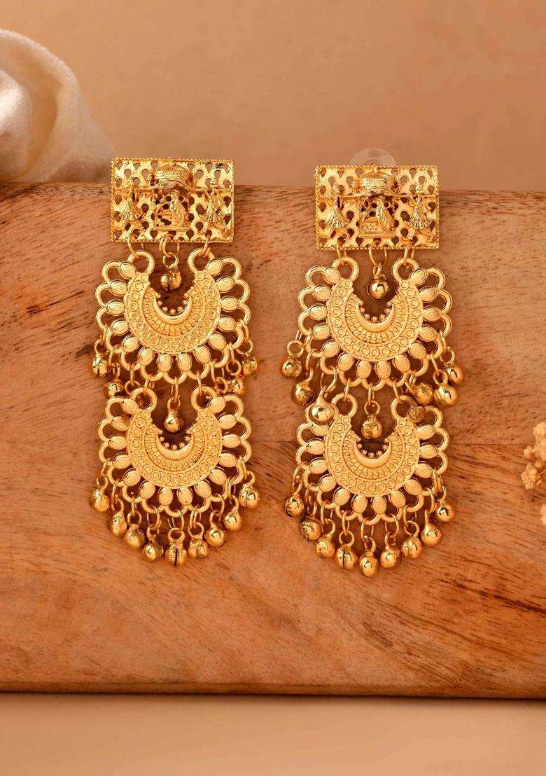Gold-Plated Geometric Drop Earrings for Women | Traditional Temple Jewellery for Wedding & Festive Wear | Gift for Her - Indya