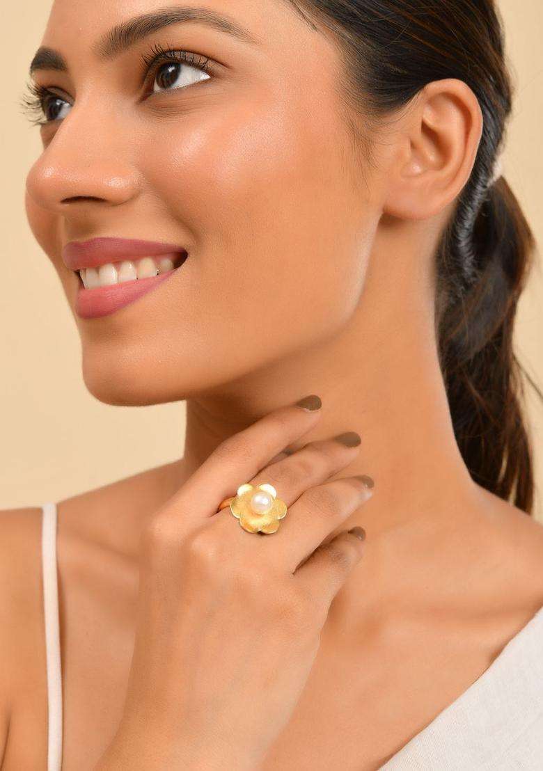 Gold-Plated Floral Finger Ring for Women | Traditional Temple Jewellery for Wedding & Festive Wear | Gift for Her - Indya