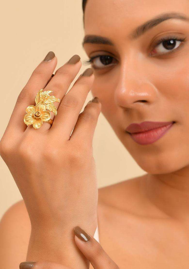 Gold-Plated Textured Finger Ring for Women | Traditional Temple Jewellery for Wedding & Festive Wear | Gift for Her - Indya