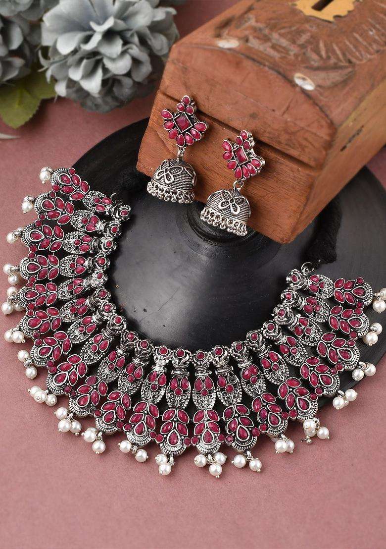 Silver-Plated Sliver-Plated Stone-Studded & Beaded Jewellery Set for Women | Traditional Temple Jewellery for Wedding & Festive Wear | Gift for Her - Indya