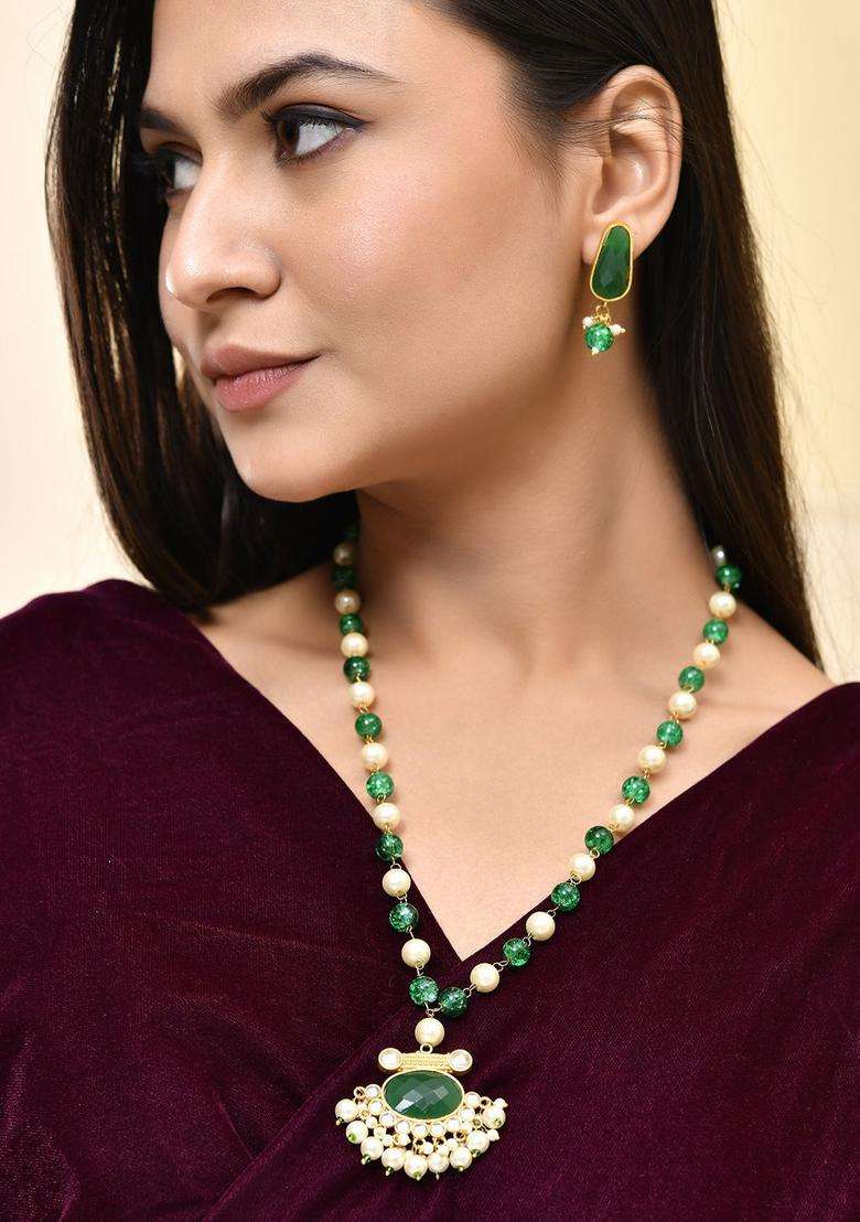 Gold-Plated Stone-Studded & Pearl Beaded Jewellery Set for Women | Traditional Temple Jewellery for Wedding & Festive Wear | Gift for Her - Indya
