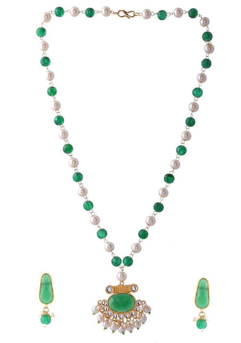 Gold-Plated Stone-Studded & Pearl Beaded Jewellery Set for Women | Traditional Temple Jewellery for Wedding & Festive Wear | Gift for Her - Indya