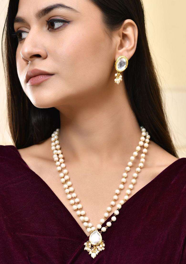 Gold-Plated Stone-Studded & Pearl Beaded Jewellery Set for Women | Traditional Temple Jewellery for Wedding & Festive Wear | Gift for Her - Indya