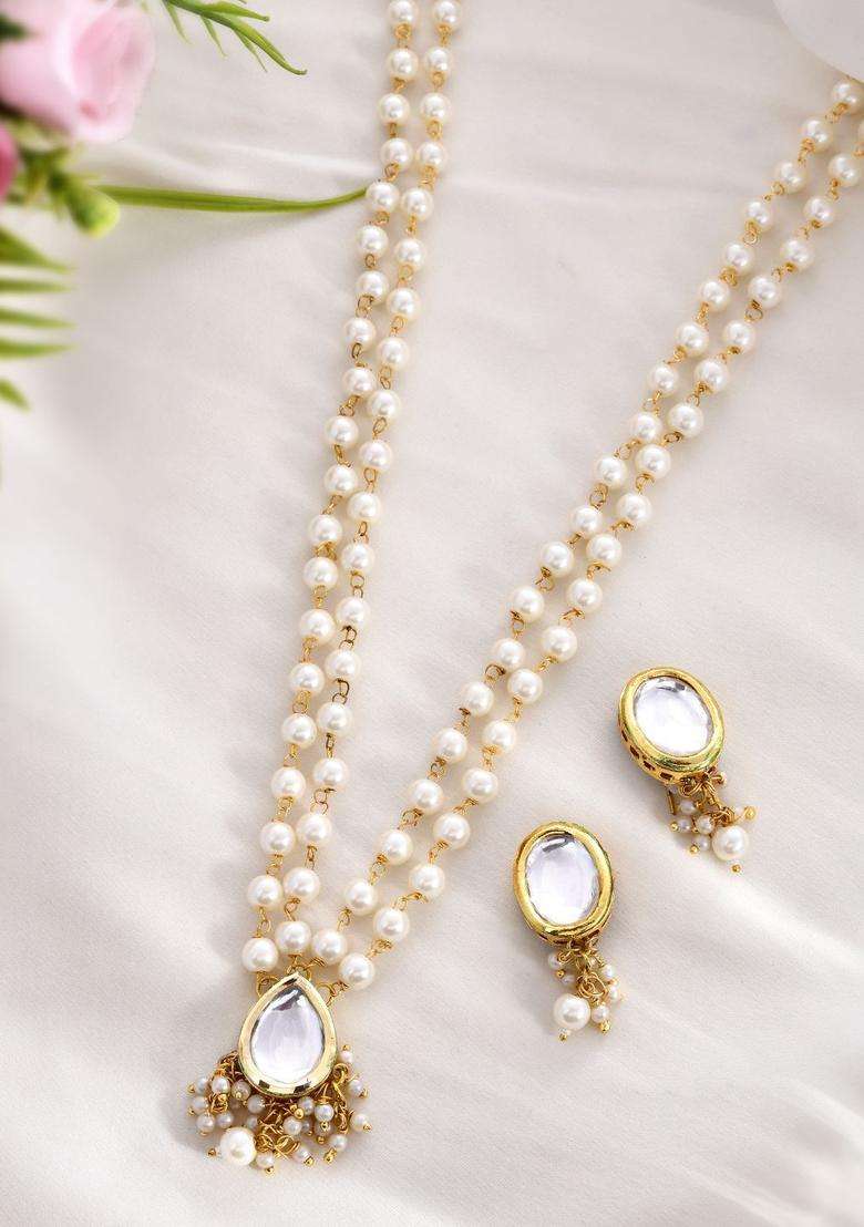 Gold-Plated Stone-Studded & Pearl Beaded Jewellery Set for Women | Traditional Temple Jewellery for Wedding & Festive Wear | Gift for Her - Indya
