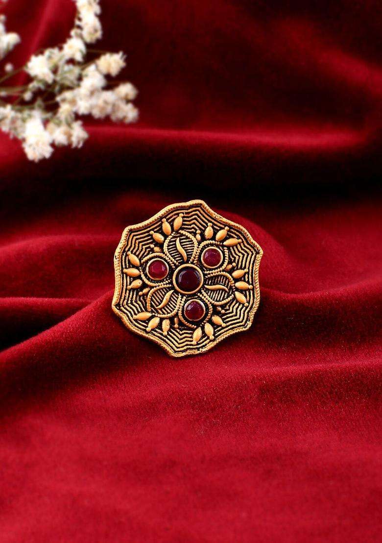 Gold-Plated Stone-Studded Finger Ring for Women | Traditional Temple Jewellery for Wedding & Festive Wear | Gift for Her - Indya