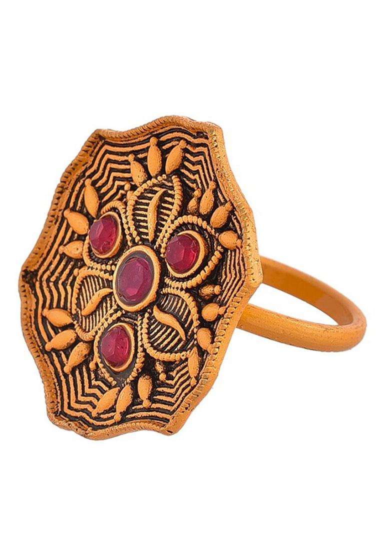 Gold-Plated Stone-Studded Finger Ring for Women | Traditional Temple Jewellery for Wedding & Festive Wear | Gift for Her - Indya