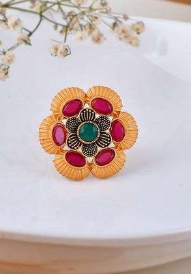 Gold-Plated Stone-Studded Adjustable Finger Ring for Women | Traditional Temple Jewellery for Wedding & Festive Wear | Gift for Her