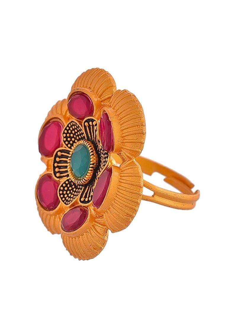 Gold-Plated Stone-Studded Adjustable Finger Ring for Women | Traditional Temple Jewellery for Wedding & Festive Wear | Gift for Her - Indya