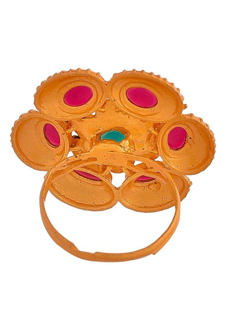 Gold-Plated Stone-Studded Adjustable Finger Ring for Women | Traditional Temple Jewellery for Wedding & Festive Wear | Gift for Her - Indya