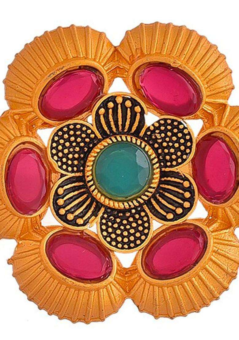 Gold-Plated Stone-Studded Adjustable Finger Ring for Women | Traditional Temple Jewellery for Wedding & Festive Wear | Gift for Her - Indya