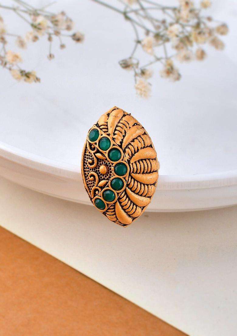 Gold-Plated Stone-Studded Finger Ring for Women | Traditional Temple Jewellery for Wedding & Festive Wear | Gift for Her - Indya