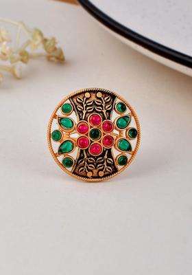 Gold-Plated Stone-Studded Adjustable Finger Ring for Women | Traditional Temple Jewellery for Wedding & Festive Wear | Gift for Her