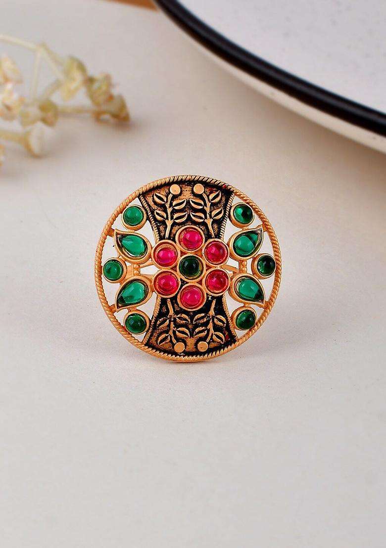 Gold-Plated Stone-Studded Adjustable Finger Ring for Women | Traditional Temple Jewellery for Wedding & Festive Wear | Gift for Her - Indya