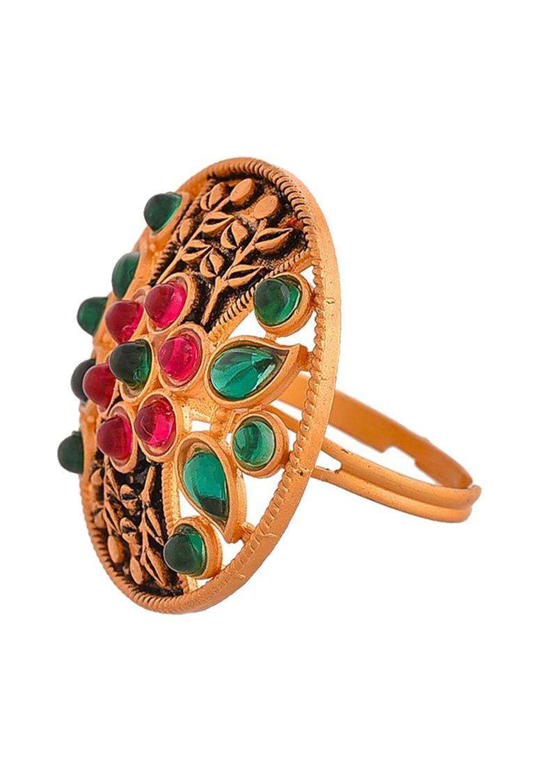 Gold-Plated Stone-Studded Adjustable Finger Ring for Women | Traditional Temple Jewellery for Wedding & Festive Wear | Gift for Her - Indya