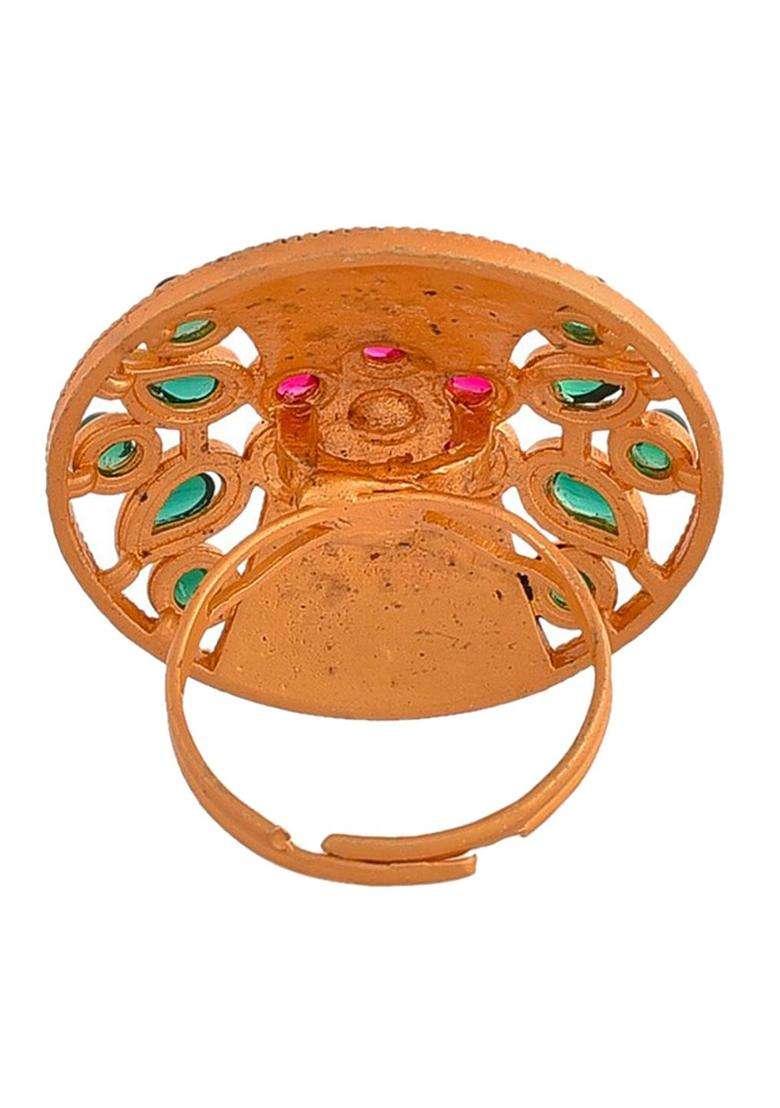 Gold-Plated Stone-Studded Adjustable Finger Ring for Women | Traditional Temple Jewellery for Wedding & Festive Wear | Gift for Her - Indya