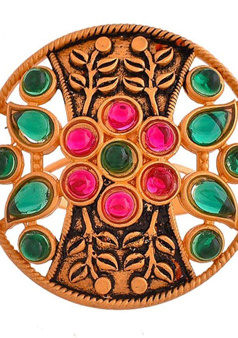 Gold-Plated Stone-Studded Adjustable Finger Ring for Women | Traditional Temple Jewellery for Wedding & Festive Wear | Gift for Her - Indya