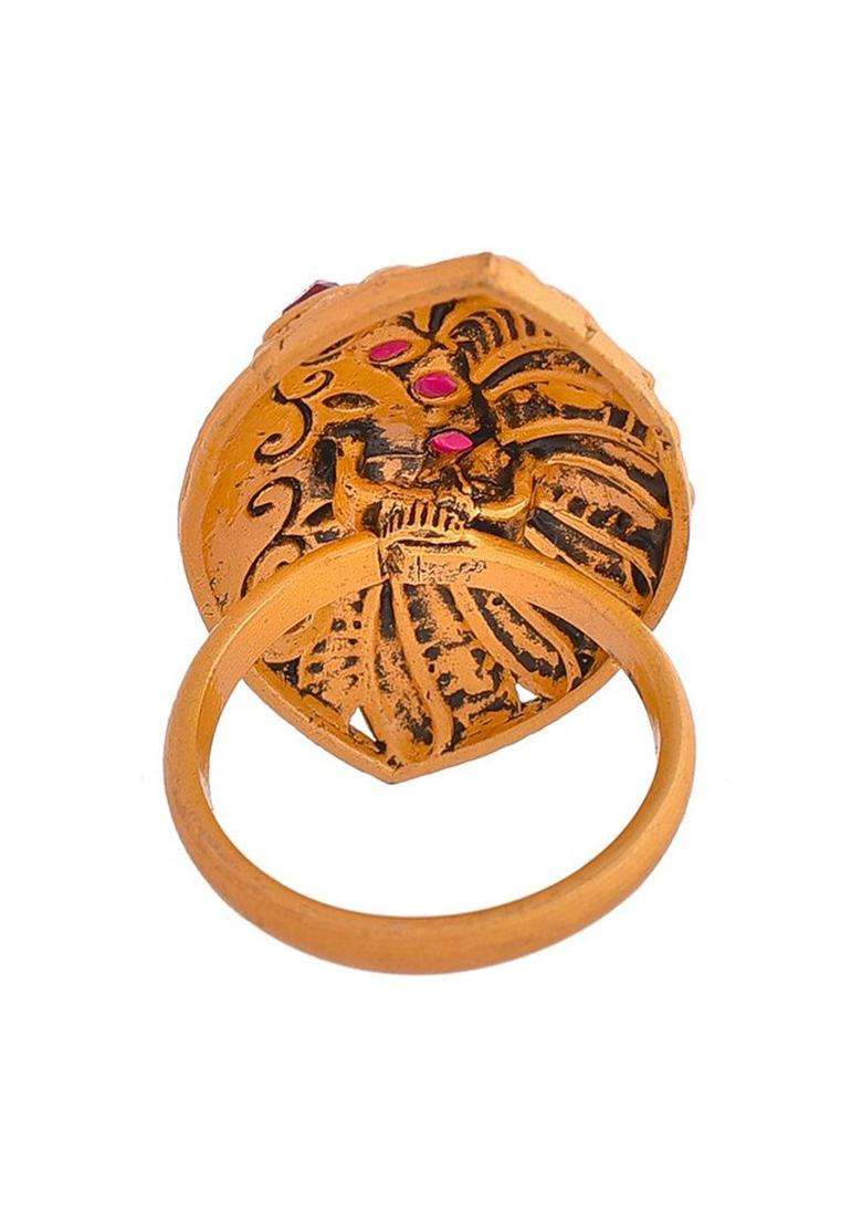 Gold-Plated Stone-Studded Finger Ring for Women | Traditional Temple Jewellery for Wedding & Festive Wear | Gift for Her - Indya