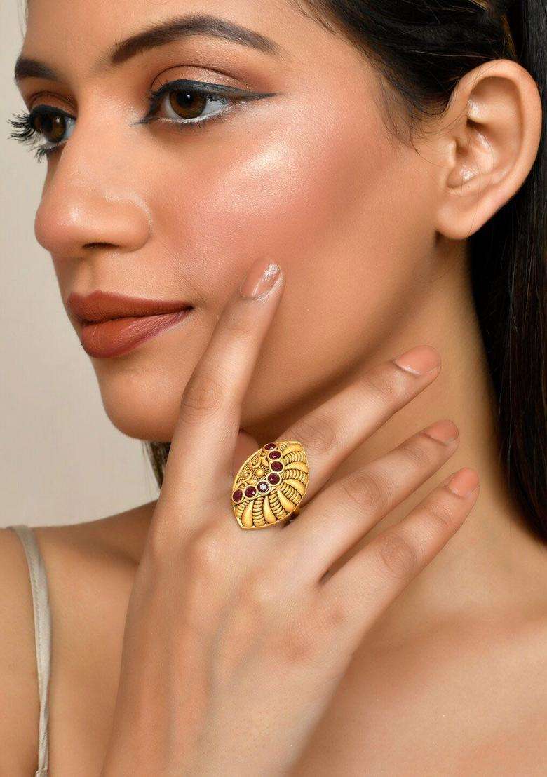 Gold-Plated Stone-Studded Finger Ring for Women | Traditional Temple Jewellery for Wedding & Festive Wear | Gift for Her - Indya