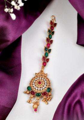 Gold-Plated Stone-Studded Maang Tikka for Women | Traditional Temple Jewellery for Wedding & Festive Wear | Gift for Her