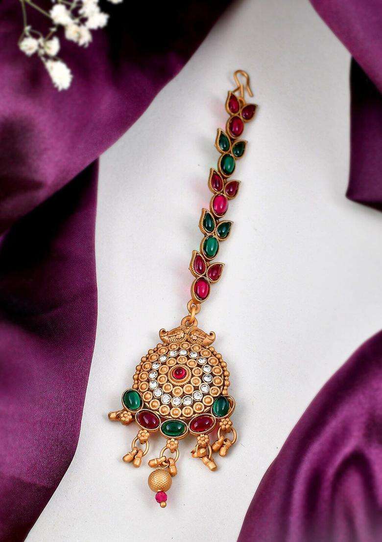 Gold-Plated Stone-Studded Maang Tikka for Women | Traditional Temple Jewellery for Wedding & Festive Wear | Gift for Her - Indya