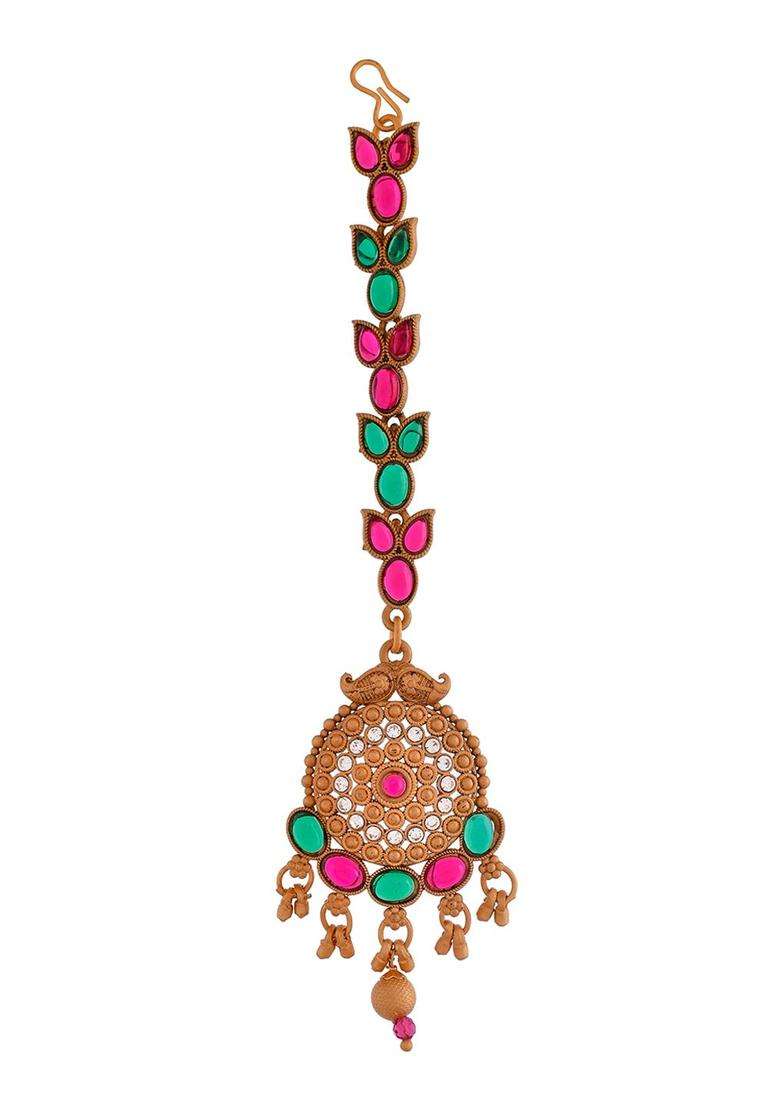 Gold-Plated Stone-Studded Maang Tikka for Women | Traditional Temple Jewellery for Wedding & Festive Wear | Gift for Her - Indya