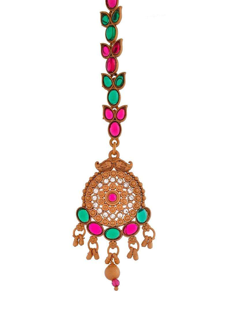 Gold-Plated Stone-Studded Maang Tikka for Women | Traditional Temple Jewellery for Wedding & Festive Wear | Gift for Her - Indya